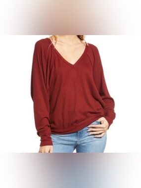 Free People Santa Clara Women’s S Oversized Slouchy Waffle Knit Top Burgundy